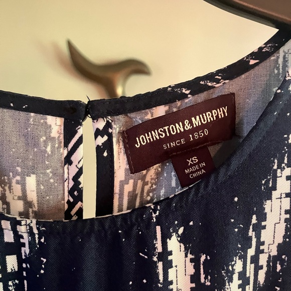 $160 Johnston & Murphy Navy Blue and White Ikat Print Midi Dress Sz XS or Small. - Picture 6 of 16